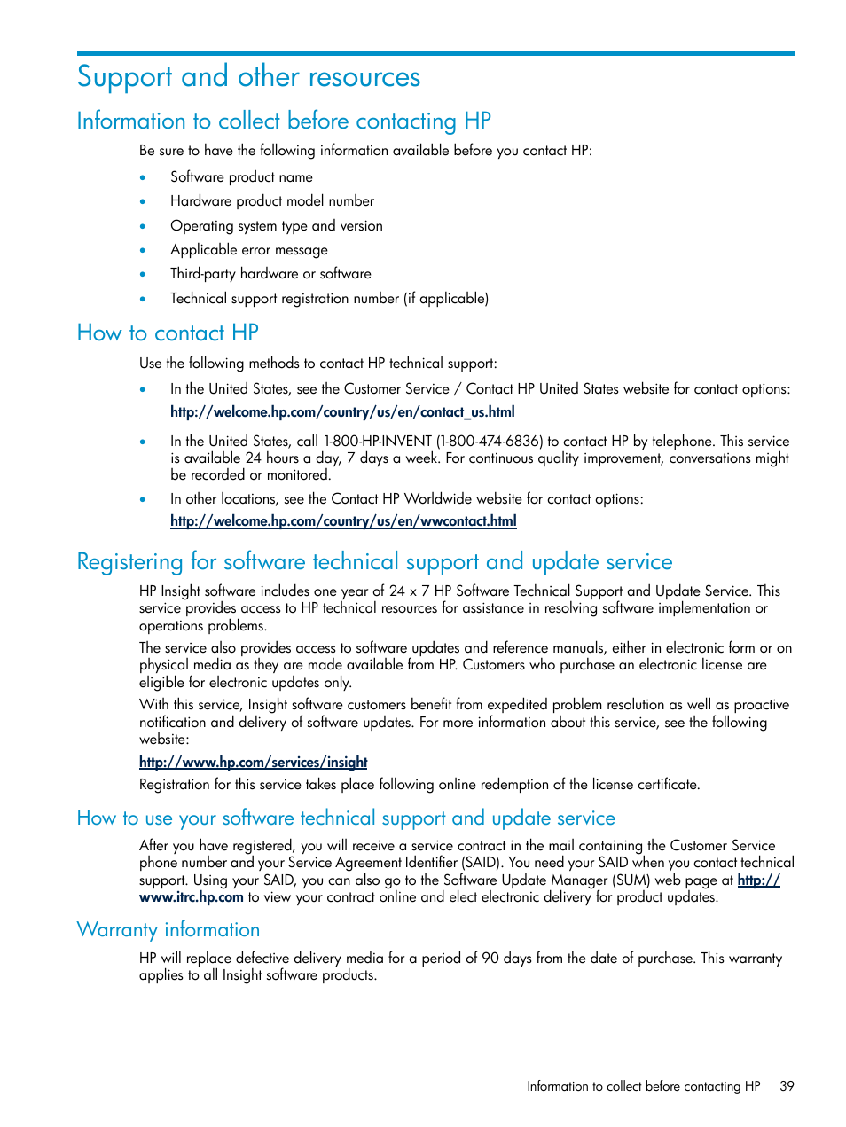 Support and other resources, Information to collect before contacting hp, How to contact hp | Warranty information | HP Insight Control Software for Linux User Manual | Page 39 / 59