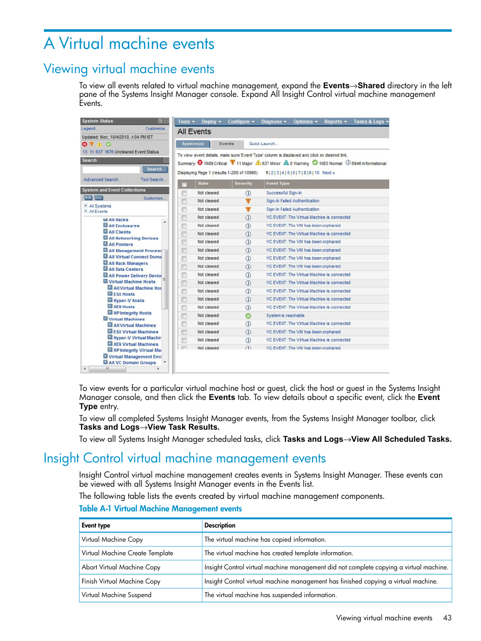 A virtual machine events, Viewing virtual machine events, Insight control virtual machine management events | Virtual machine management events | HP Insight Control Software for Linux User Manual | Page 43 / 59