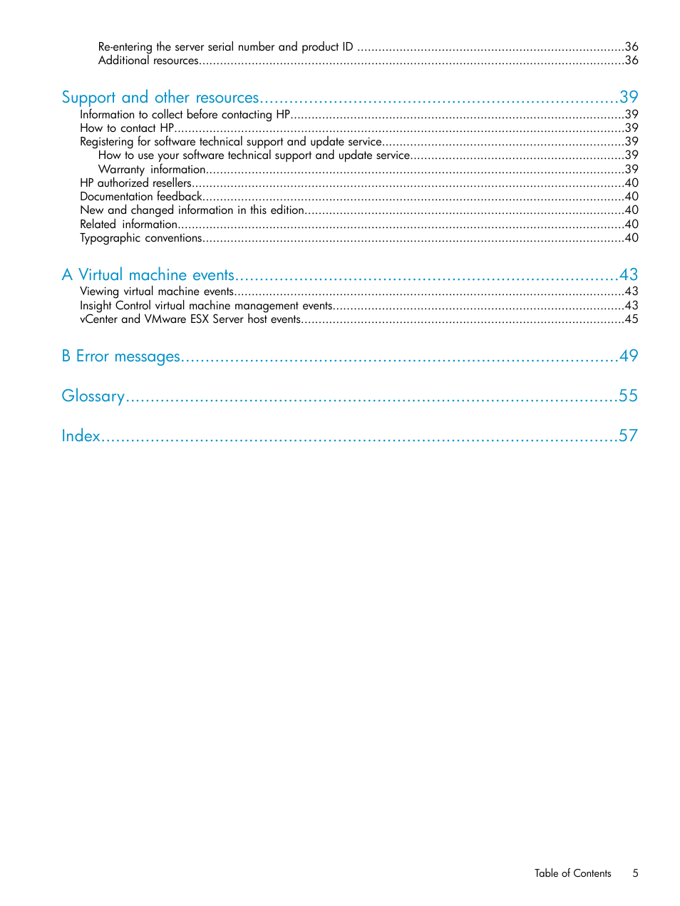 Support and other resources, A virtual machine events, B error messages glossary index | HP Insight Control Software for Linux User Manual | Page 5 / 59