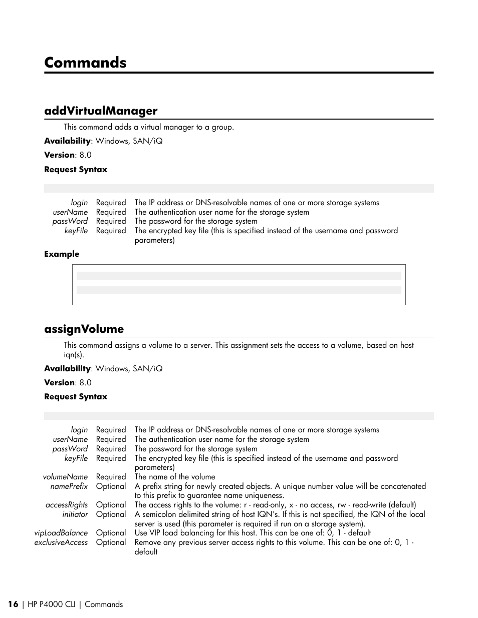 Commands, Addvirtualmanager, Assignvolume | HP StoreVirtual VSA Software User Manual | Page 16 / 80