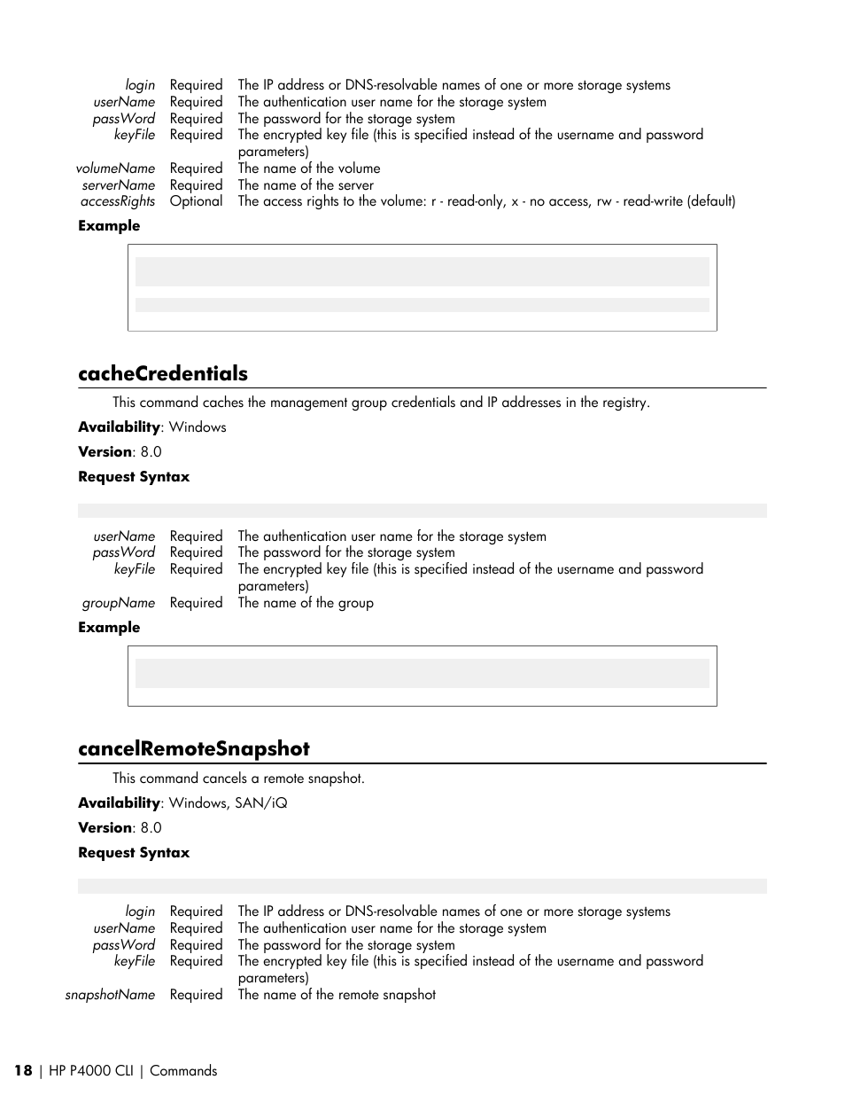 Cachecredentials, Cancelremotesnapshot | HP StoreVirtual VSA Software User Manual | Page 18 / 80
