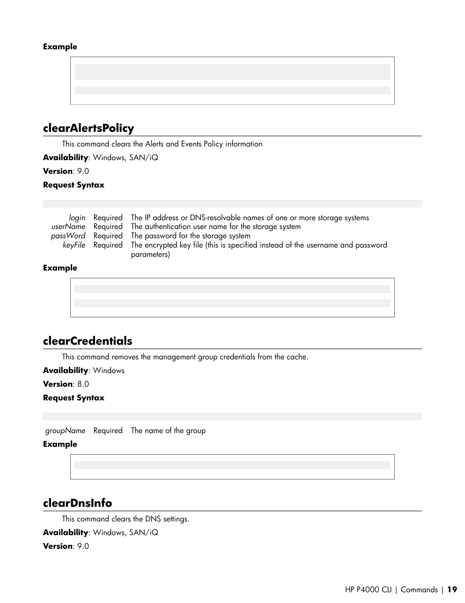 Clearalertspolicy, Clearcredentials, Cleardnsinfo | HP StoreVirtual VSA Software User Manual | Page 19 / 80