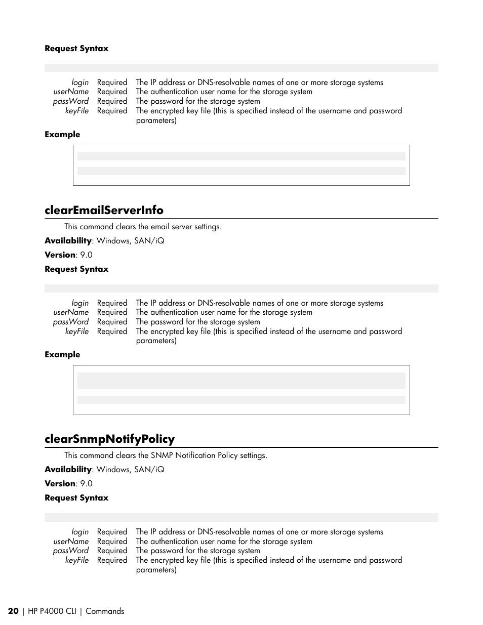 Clearemailserverinfo, Clearsnmpnotifypolicy | HP StoreVirtual VSA Software User Manual | Page 20 / 80