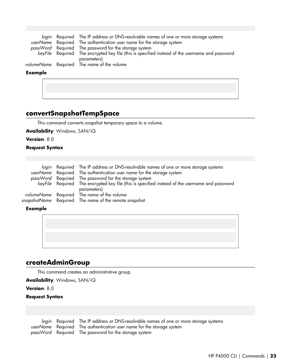 Convertsnapshottempspace, Createadmingroup | HP StoreVirtual VSA Software User Manual | Page 23 / 80