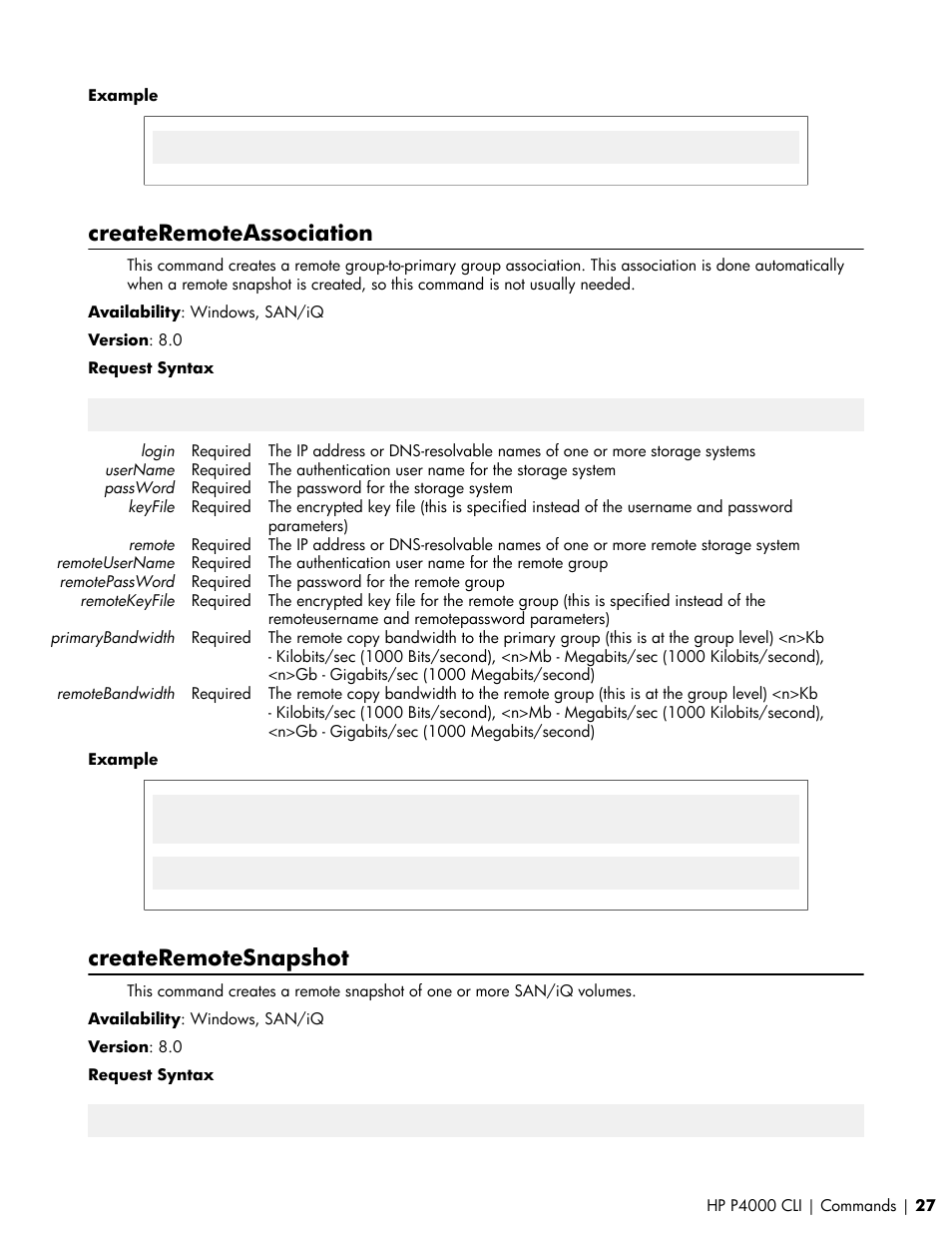 Createremoteassociation, Createremotesnapshot | HP StoreVirtual VSA Software User Manual | Page 27 / 80