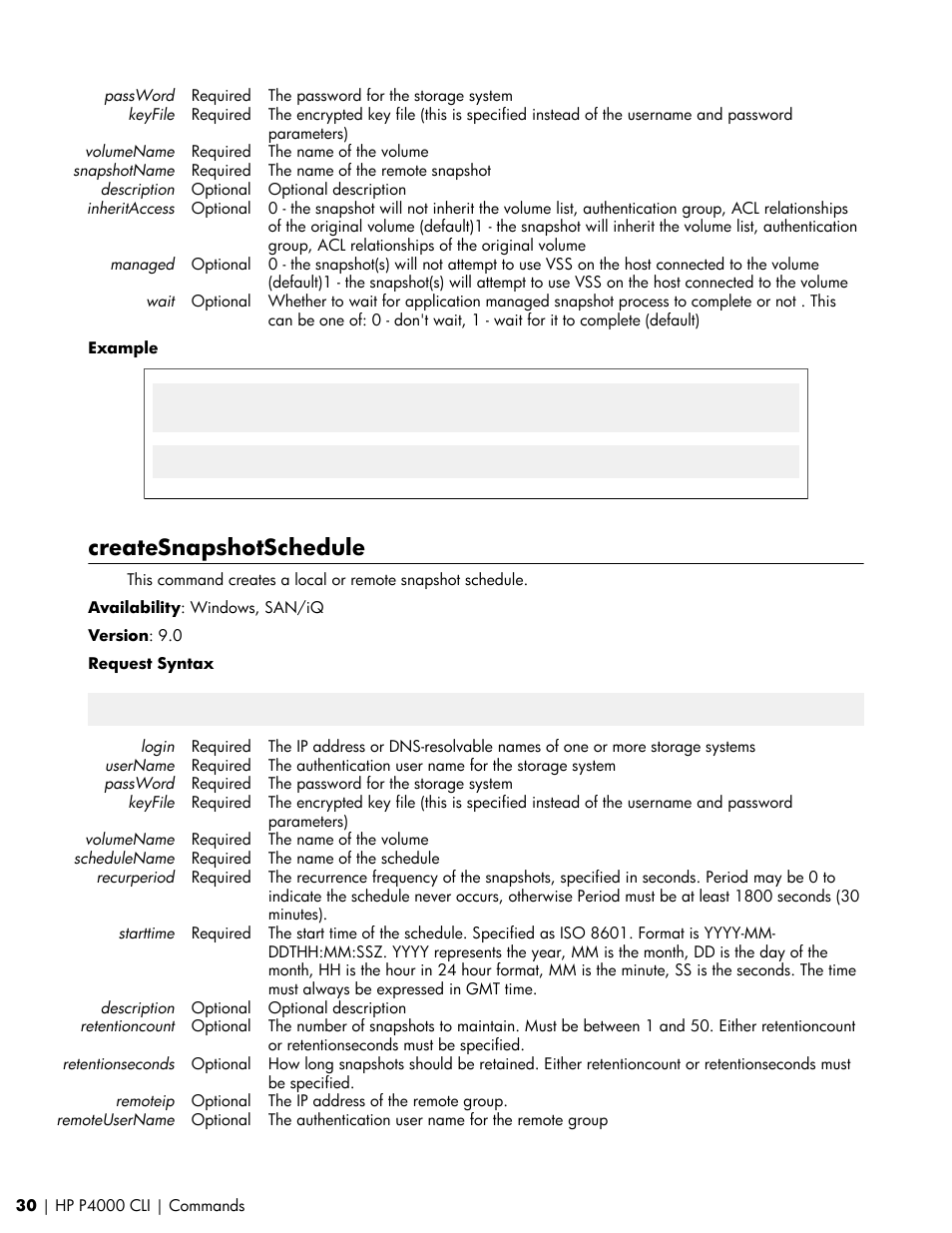 Createsnapshotschedule | HP StoreVirtual VSA Software User Manual | Page 30 / 80