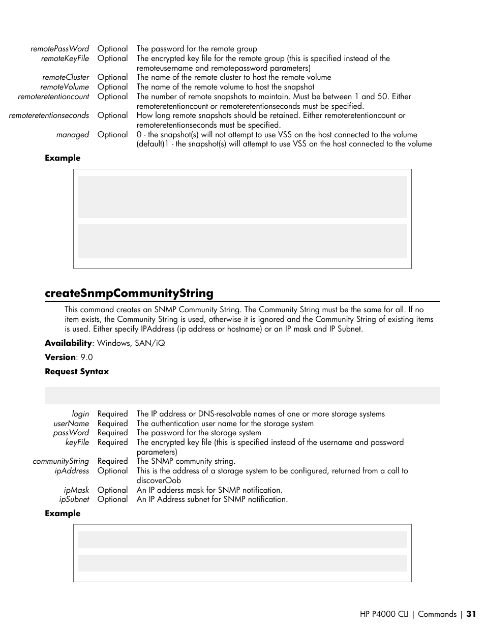 Createsnmpcommunitystring | HP StoreVirtual VSA Software User Manual | Page 31 / 80