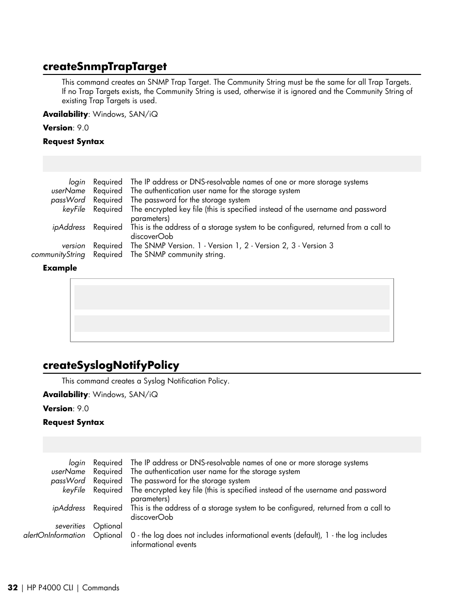 Createsnmptraptarget, Createsyslognotifypolicy | HP StoreVirtual VSA Software User Manual | Page 32 / 80