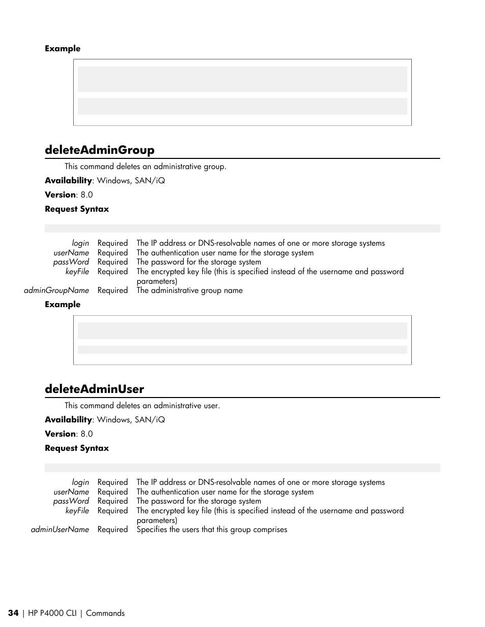 Deleteadmingroup, Deleteadminuser | HP StoreVirtual VSA Software User Manual | Page 34 / 80