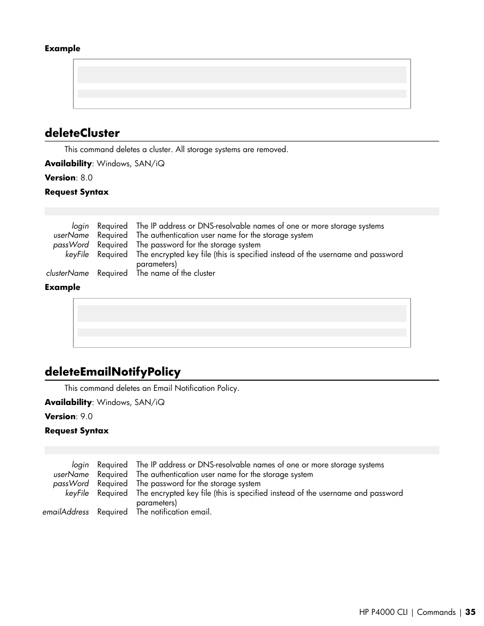 Deletecluster, Deleteemailnotifypolicy | HP StoreVirtual VSA Software User Manual | Page 35 / 80