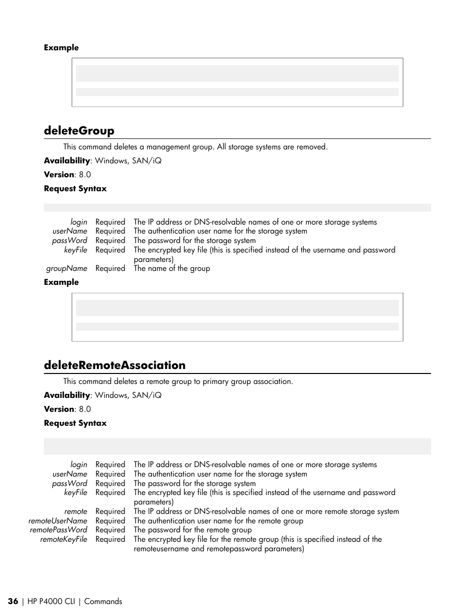 Deletegroup, Deleteremoteassociation | HP StoreVirtual VSA Software User Manual | Page 36 / 80