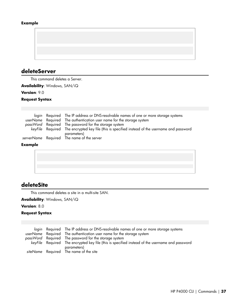 Deleteserver, Deletesite | HP StoreVirtual VSA Software User Manual | Page 37 / 80