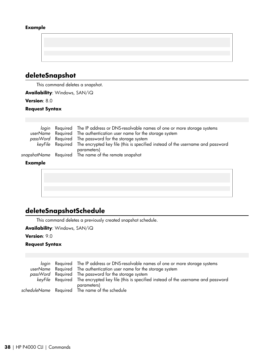 Deletesnapshot, Deletesnapshotschedule | HP StoreVirtual VSA Software User Manual | Page 38 / 80