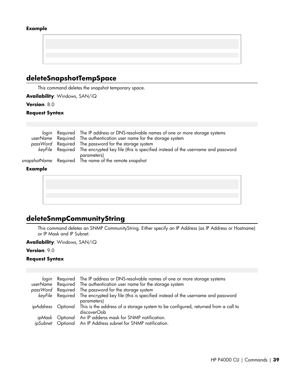 Deletesnapshottempspace, Deletesnmpcommunitystring | HP StoreVirtual VSA Software User Manual | Page 39 / 80