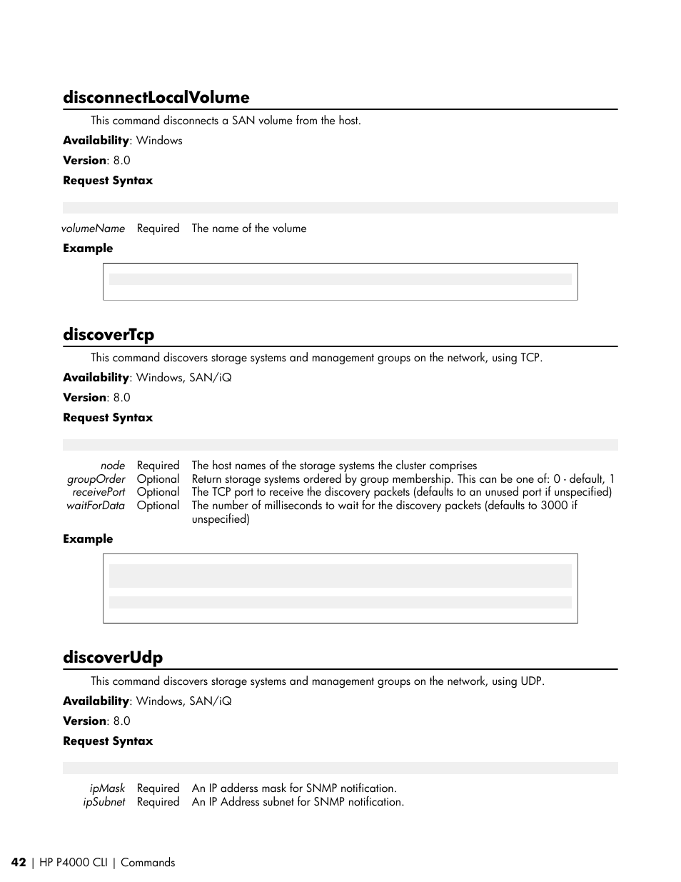 Disconnectlocalvolume, Discovertcp, Discoverudp | HP StoreVirtual VSA Software User Manual | Page 42 / 80