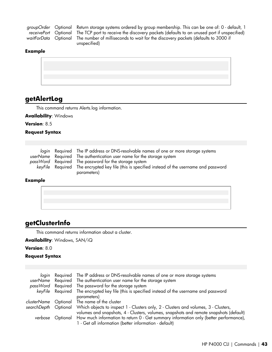 Getalertlog, Getclusterinfo | HP StoreVirtual VSA Software User Manual | Page 43 / 80