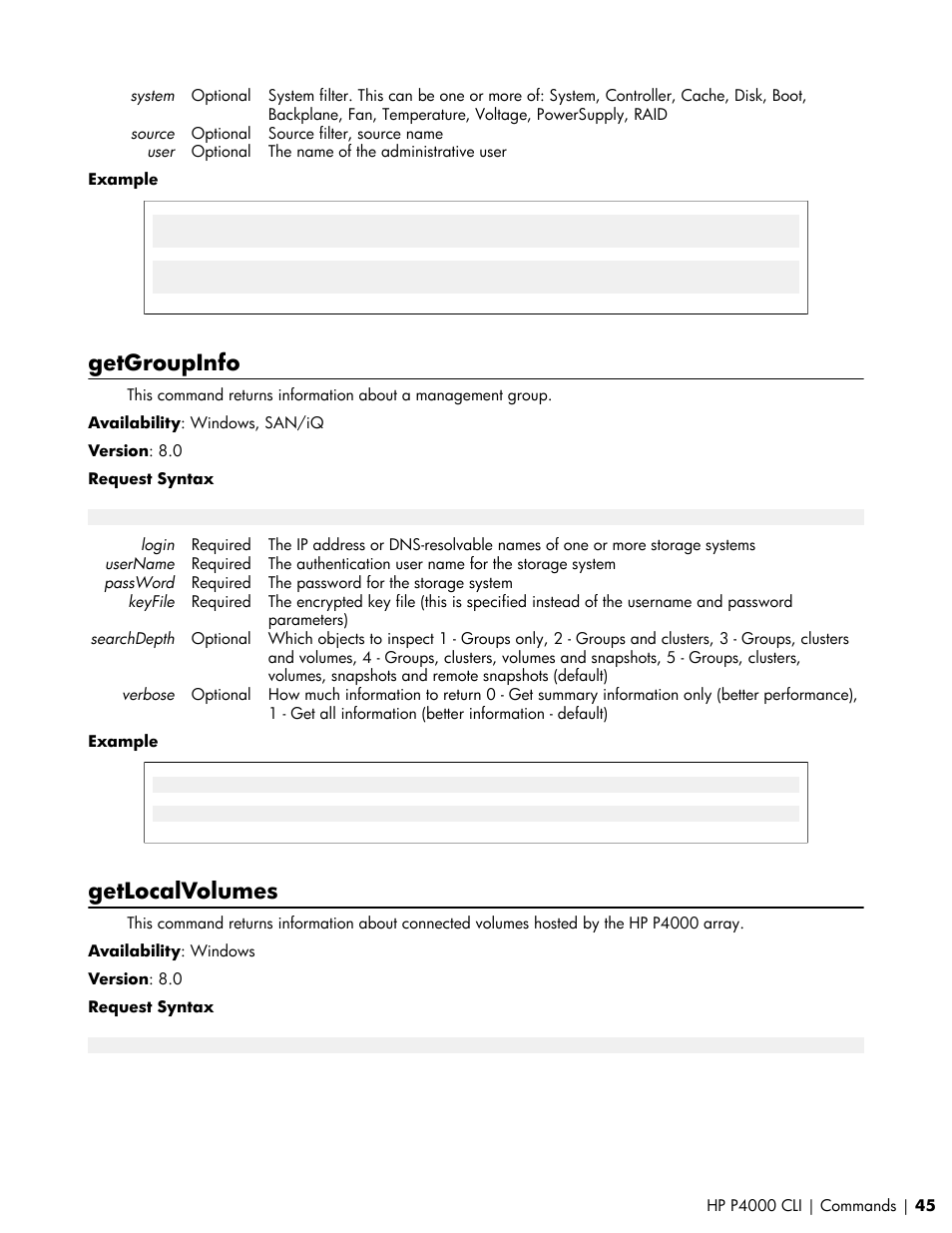 Getgroupinfo, Getlocalvolumes | HP StoreVirtual VSA Software User Manual | Page 45 / 80