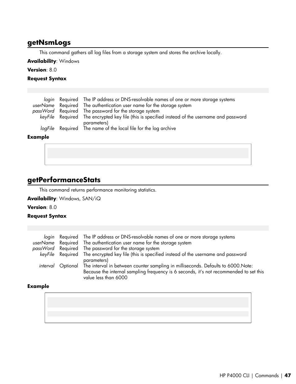 Getnsmlogs, Getperformancestats | HP StoreVirtual VSA Software User Manual | Page 47 / 80
