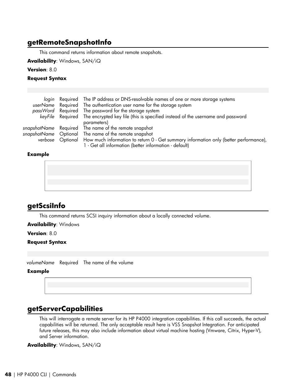 Getremotesnapshotinfo, Getscsiinfo, Getservercapabilities | HP StoreVirtual VSA Software User Manual | Page 48 / 80