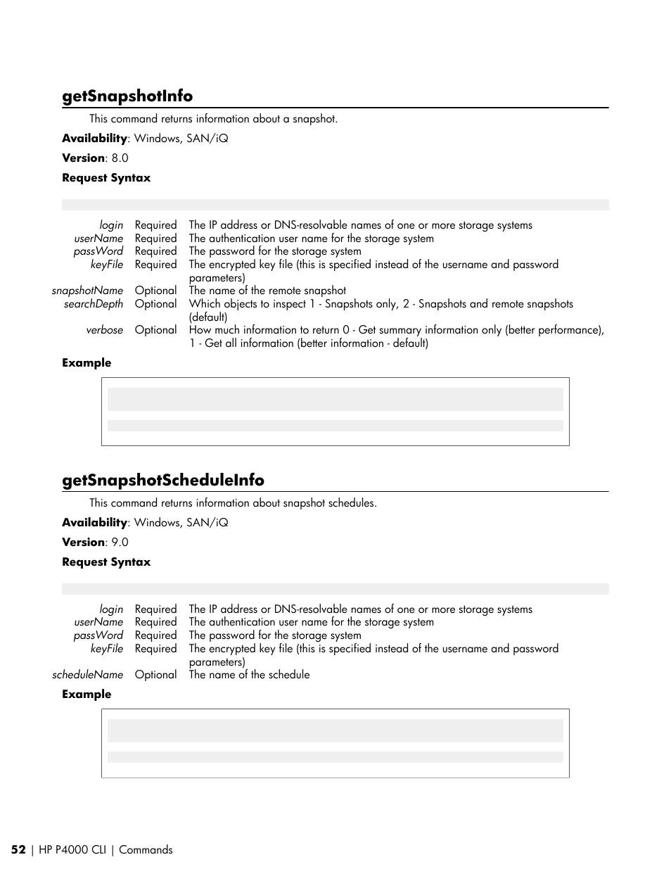 Getsnapshotinfo, Getsnapshotscheduleinfo | HP StoreVirtual VSA Software User Manual | Page 52 / 80