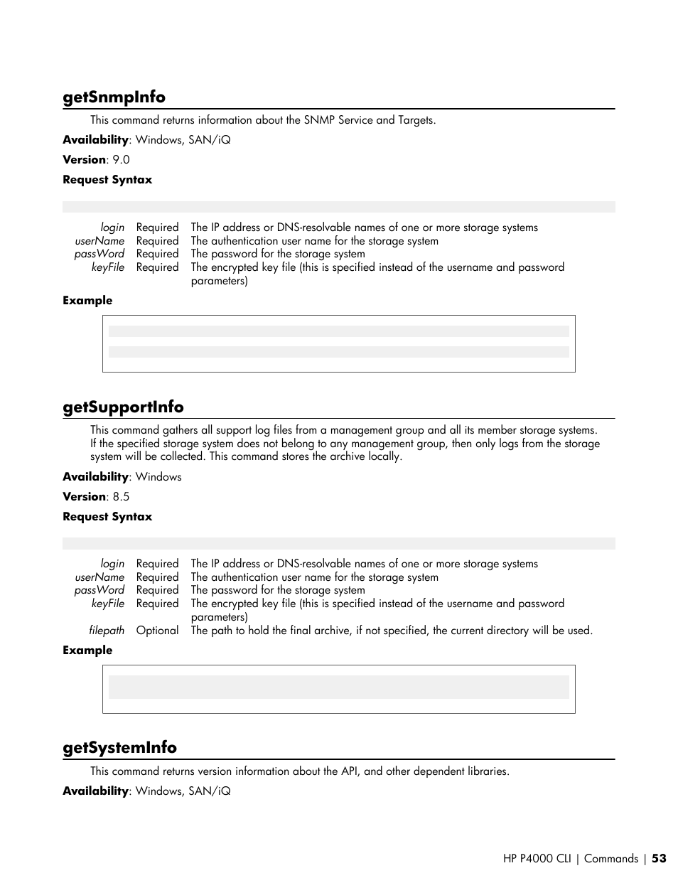 Getsnmpinfo, Getsupportinfo, Getsysteminfo | HP StoreVirtual VSA Software User Manual | Page 53 / 80