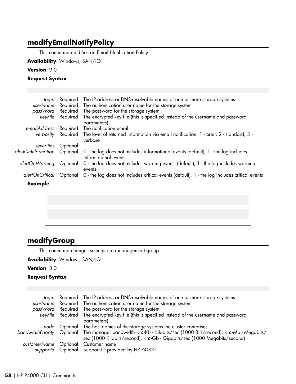 Modifyemailnotifypolicy, Modifygroup | HP StoreVirtual VSA Software User Manual | Page 58 / 80