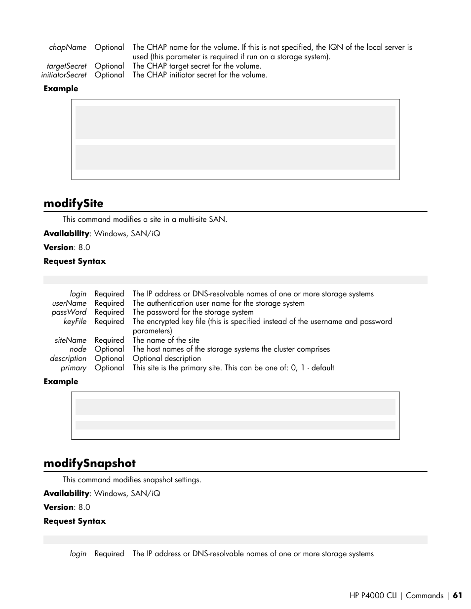 Modifysite, Modifysnapshot | HP StoreVirtual VSA Software User Manual | Page 61 / 80