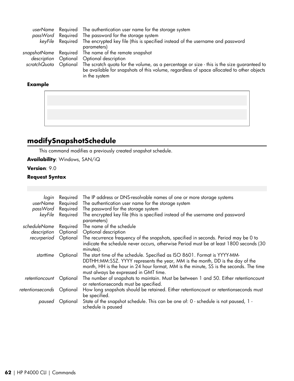 Modifysnapshotschedule | HP StoreVirtual VSA Software User Manual | Page 62 / 80