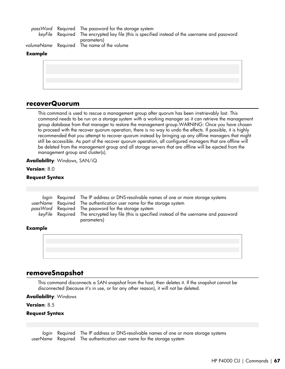 Recoverquorum, Removesnapshot | HP StoreVirtual VSA Software User Manual | Page 67 / 80