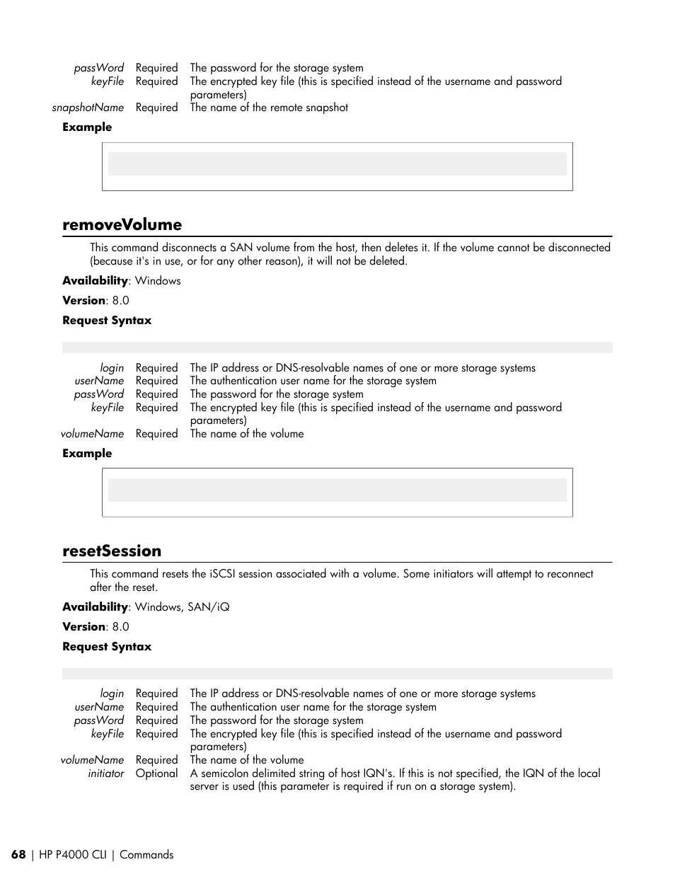 Removevolume, Resetsession | HP StoreVirtual VSA Software User Manual | Page 68 / 80