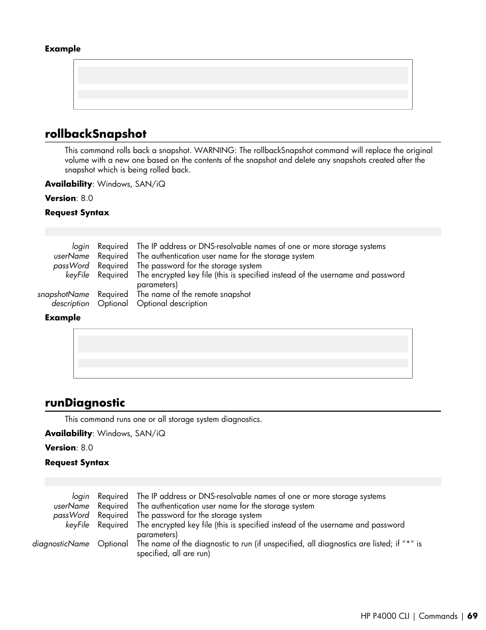 Rollbacksnapshot, Rundiagnostic | HP StoreVirtual VSA Software User Manual | Page 69 / 80