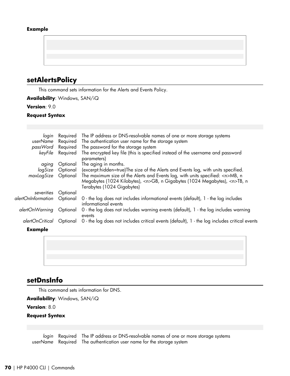 Setalertspolicy, Setdnsinfo | HP StoreVirtual VSA Software User Manual | Page 70 / 80