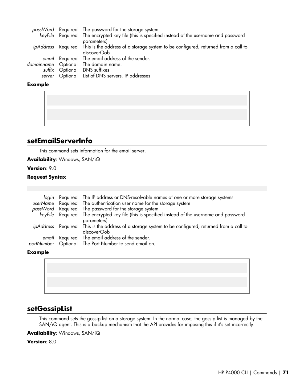 Setemailserverinfo, Setgossiplist | HP StoreVirtual VSA Software User Manual | Page 71 / 80