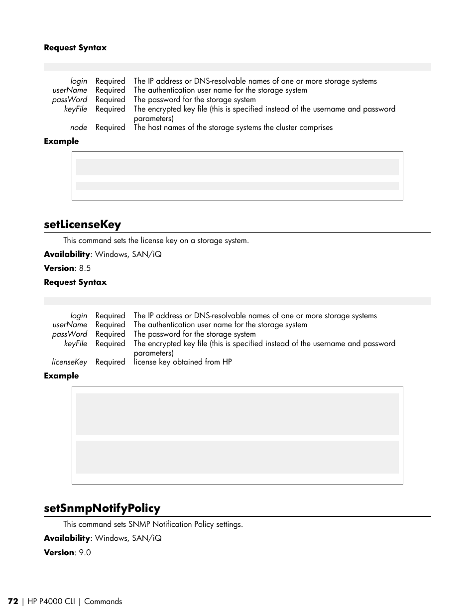 Setlicensekey, Setsnmpnotifypolicy | HP StoreVirtual VSA Software User Manual | Page 72 / 80