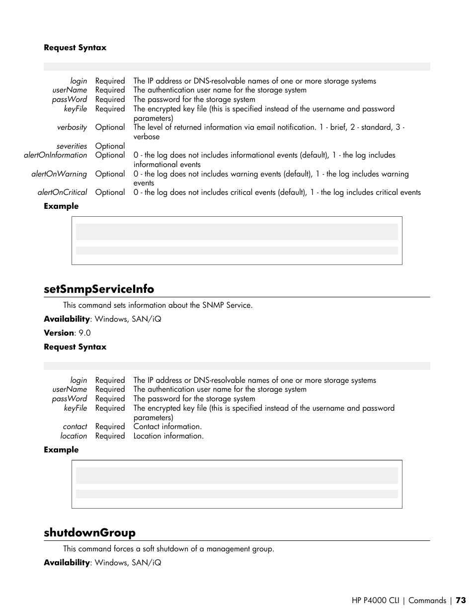 Setsnmpserviceinfo, Shutdowngroup | HP StoreVirtual VSA Software User Manual | Page 73 / 80