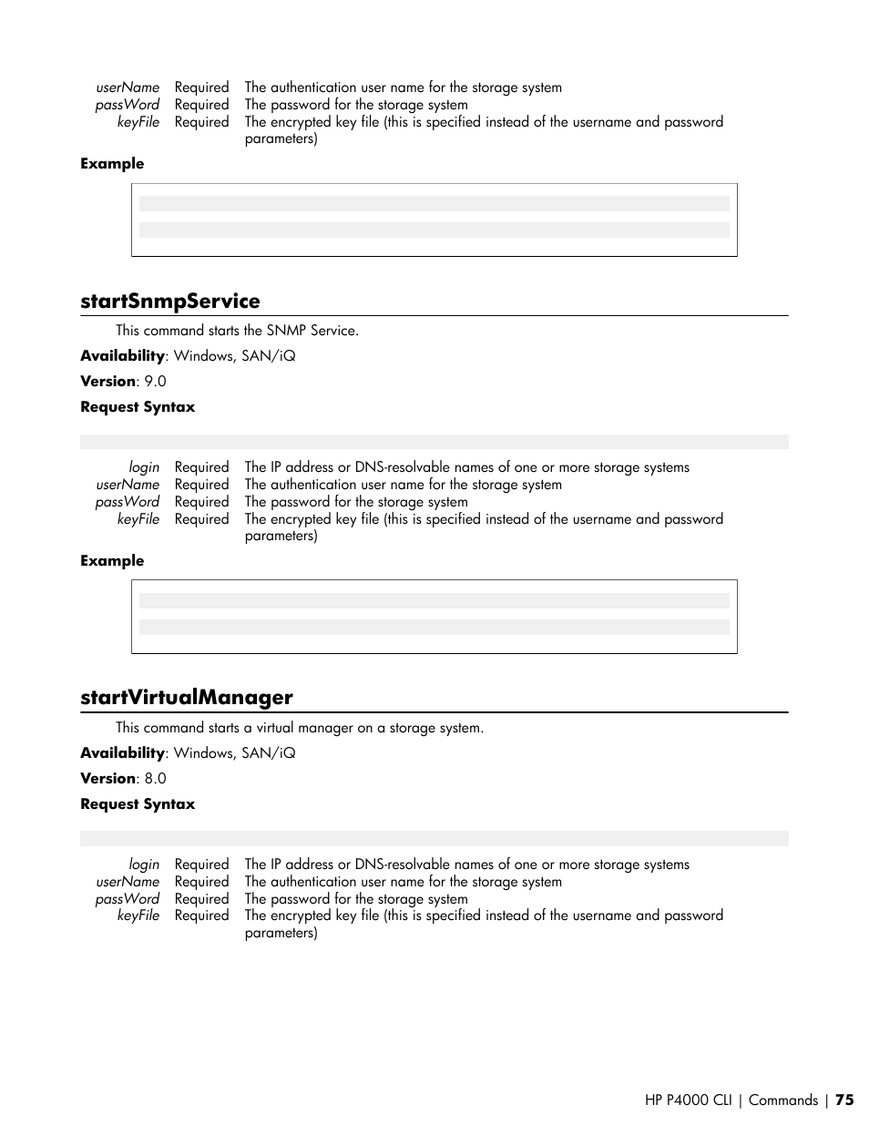 Startsnmpservice, Startvirtualmanager | HP StoreVirtual VSA Software User Manual | Page 75 / 80