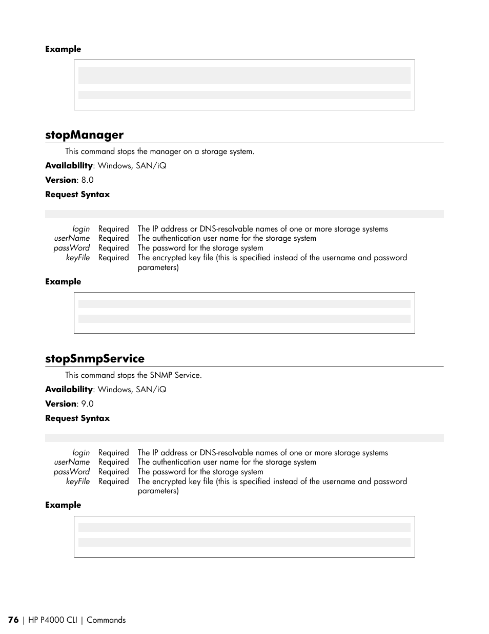 Stopmanager, Stopsnmpservice | HP StoreVirtual VSA Software User Manual | Page 76 / 80