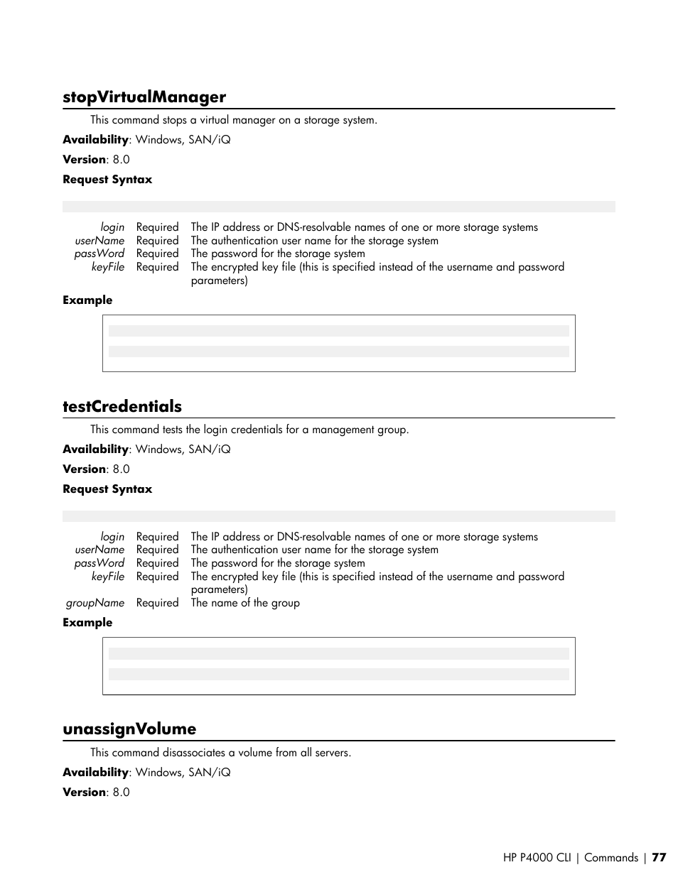 Stopvirtualmanager, Testcredentials, Unassignvolume | HP StoreVirtual VSA Software User Manual | Page 77 / 80
