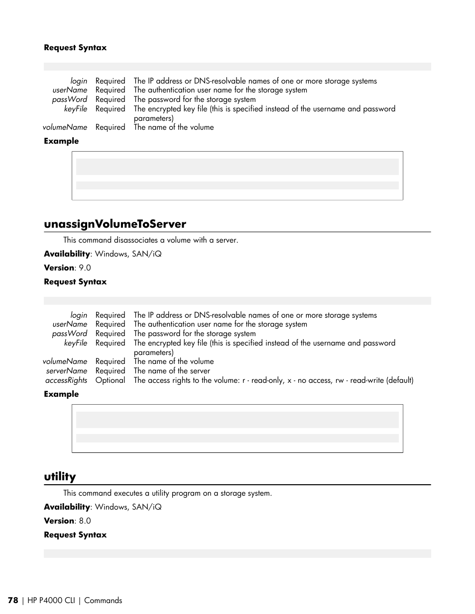 Unassignvolumetoserver, Utility | HP StoreVirtual VSA Software User Manual | Page 78 / 80