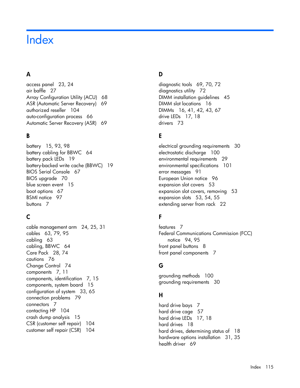 Index | HP ProLiant DL380 G6 Server User Manual | Page 115 / 117