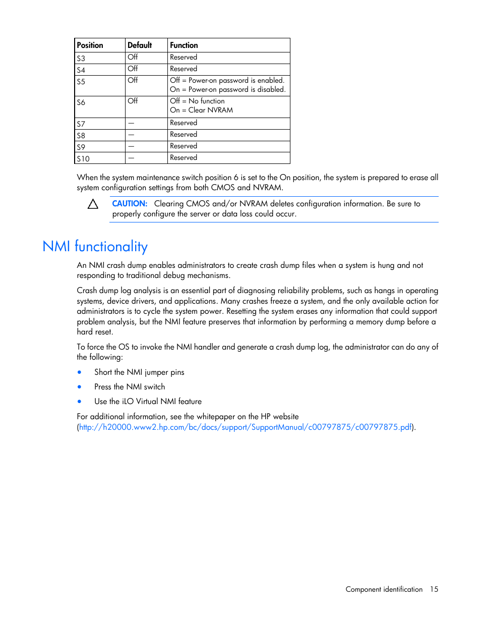 Nmi functionality | HP ProLiant DL380 G6 Server User Manual | Page 15 / 117