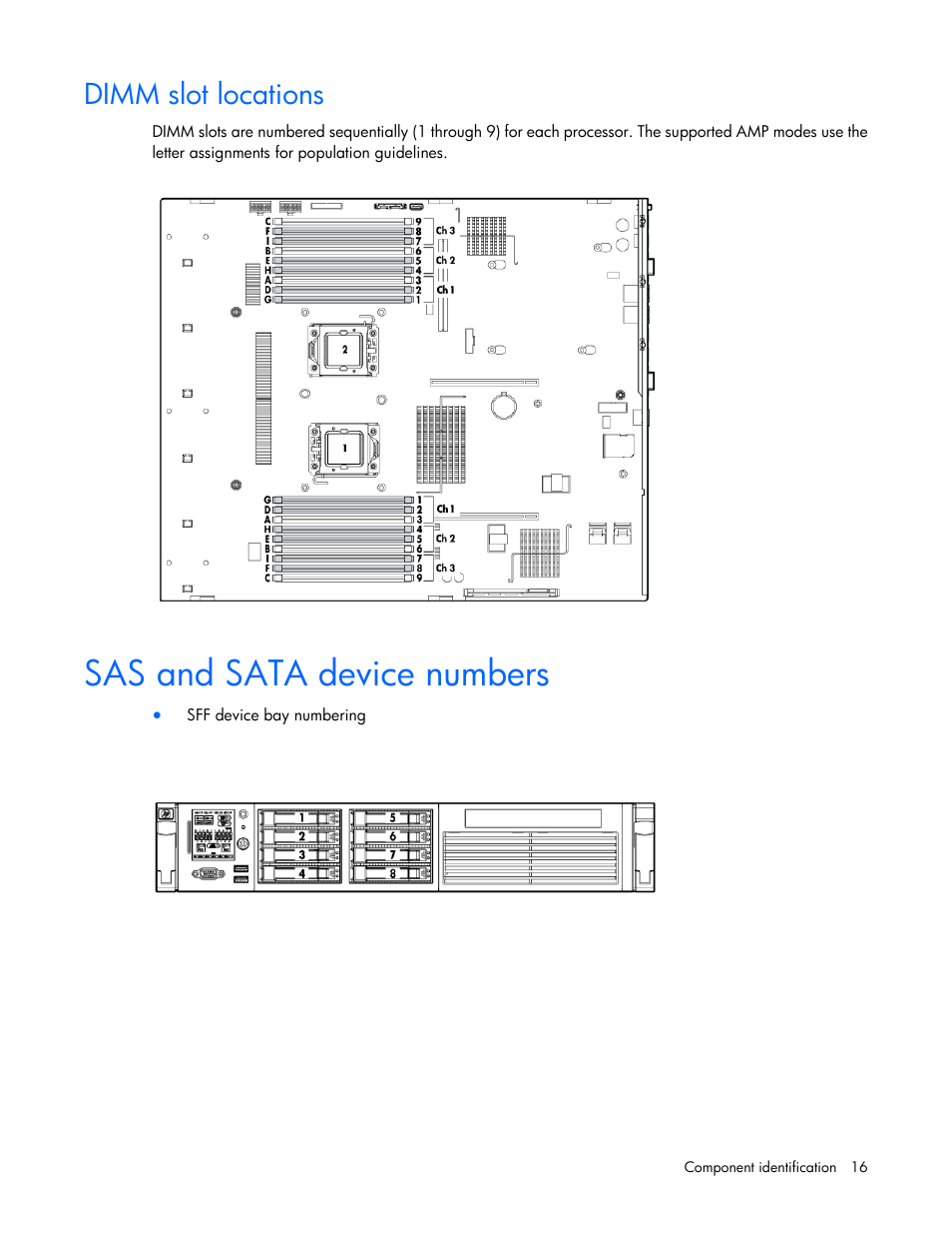 Dimm slot locations, Sas and sata device numbers | HP ProLiant DL380 G6 Server User Manual | Page 16 / 117