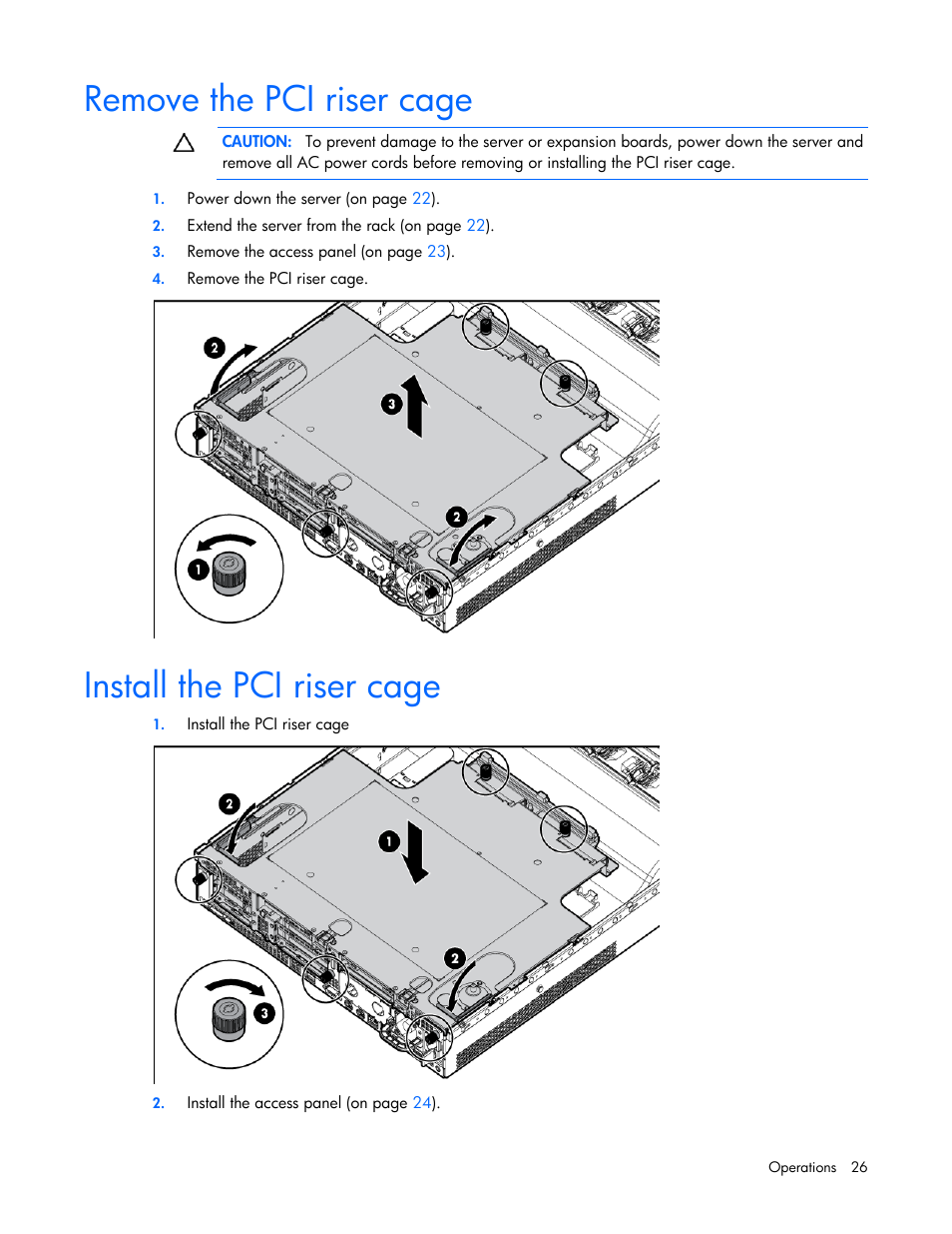 Remove the pci riser cage, Install the pci riser cage | HP ProLiant DL380 G6 Server User Manual | Page 26 / 117