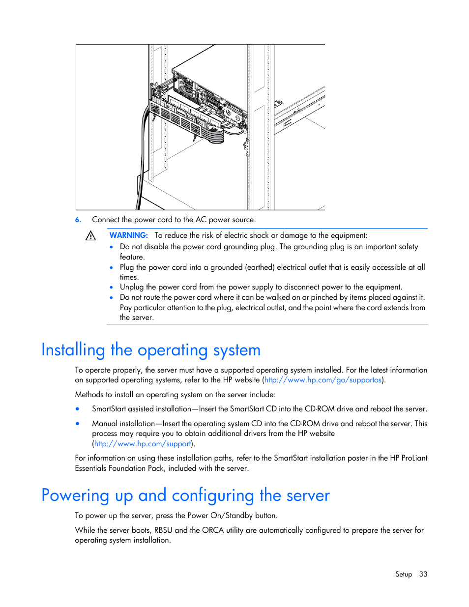 Installing the operating system, Powering up and configuring the server | HP ProLiant DL380 G6 Server User Manual | Page 33 / 117