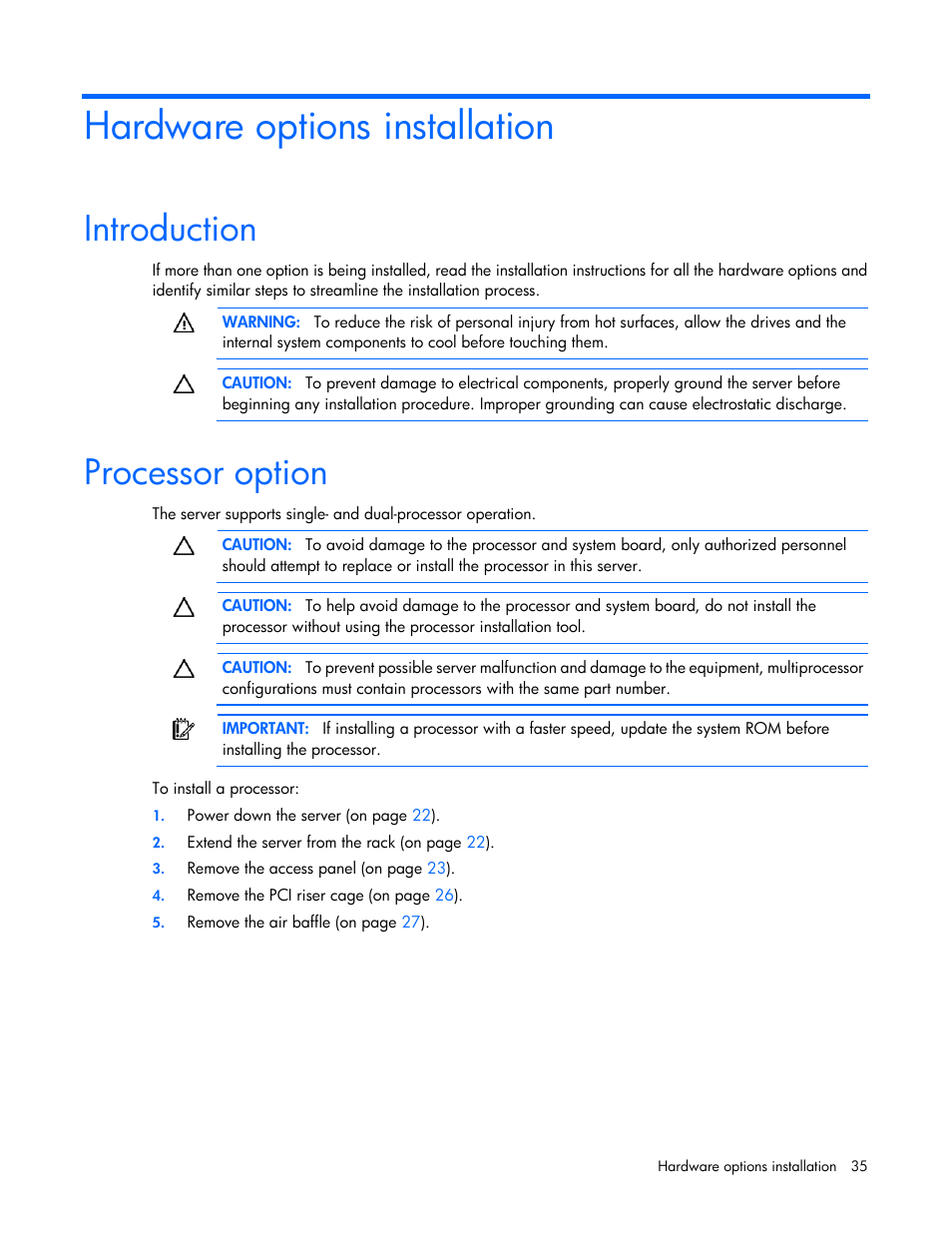 Hardware options installation, Introduction, Processor option | HP ProLiant DL380 G6 Server User Manual | Page 35 / 117