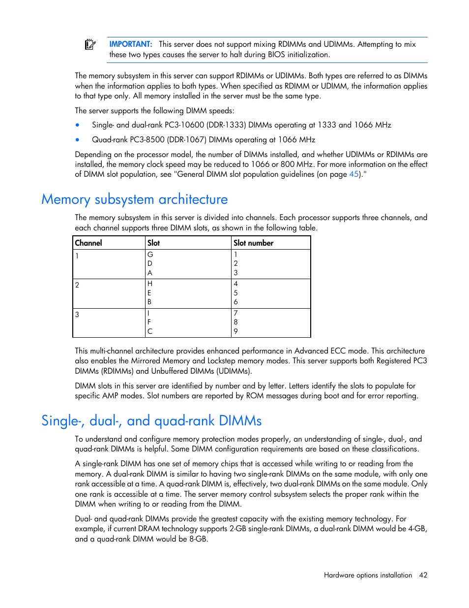 Memory subsystem architecture, Single-, dual-, and quad-rank dimms | HP ProLiant DL380 G6 Server User Manual | Page 42 / 117