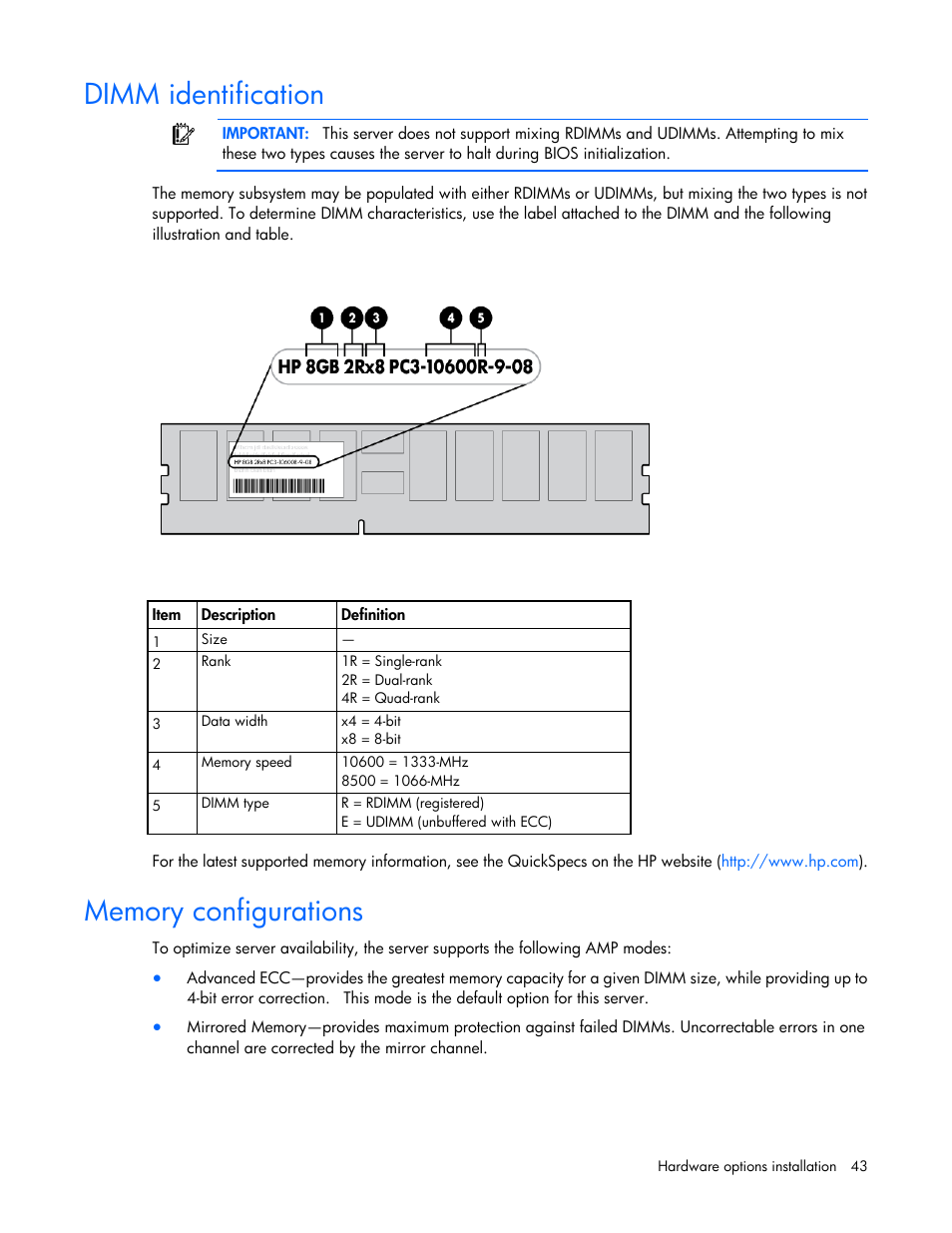 Dimm identification, Memory configurations | HP ProLiant DL380 G6 Server User Manual | Page 43 / 117