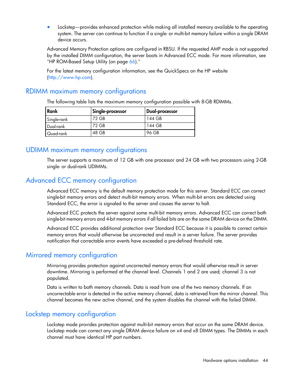 Rdimm maximum memory configurations, Udimm maximum memory configurations, Advanced ecc memory configuration | Mirrored memory configuration, Lockstep memory configuration | HP ProLiant DL380 G6 Server User Manual | Page 44 / 117