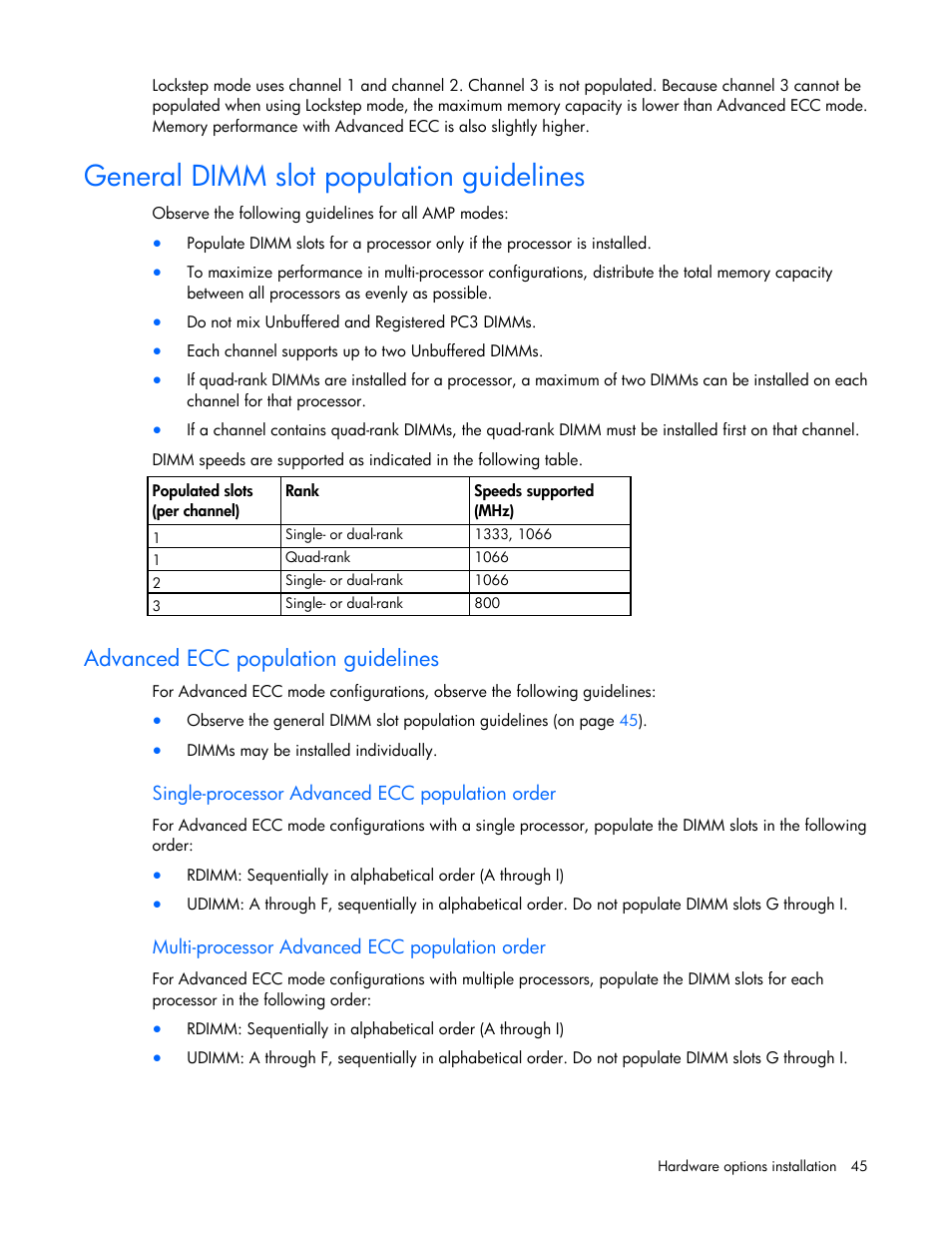 General dimm slot population guidelines, Advanced ecc population guidelines, Single-processor advanced ecc population order | Multi-processor advanced ecc population order | HP ProLiant DL380 G6 Server User Manual | Page 45 / 117