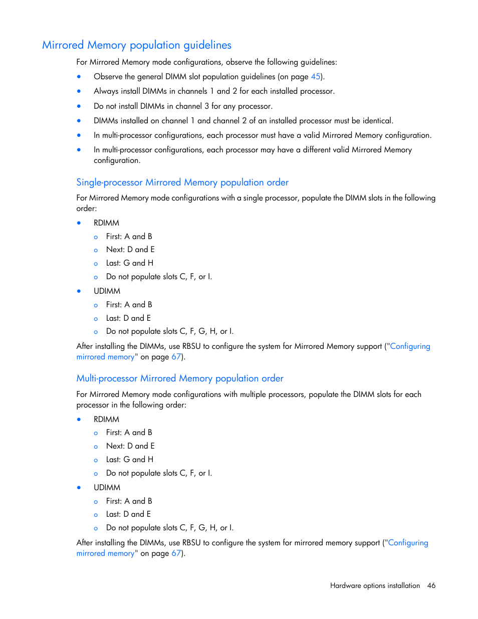 Mirrored memory population guidelines, Single-processor mirrored memory population order, Multi-processor mirrored memory population order | HP ProLiant DL380 G6 Server User Manual | Page 46 / 117